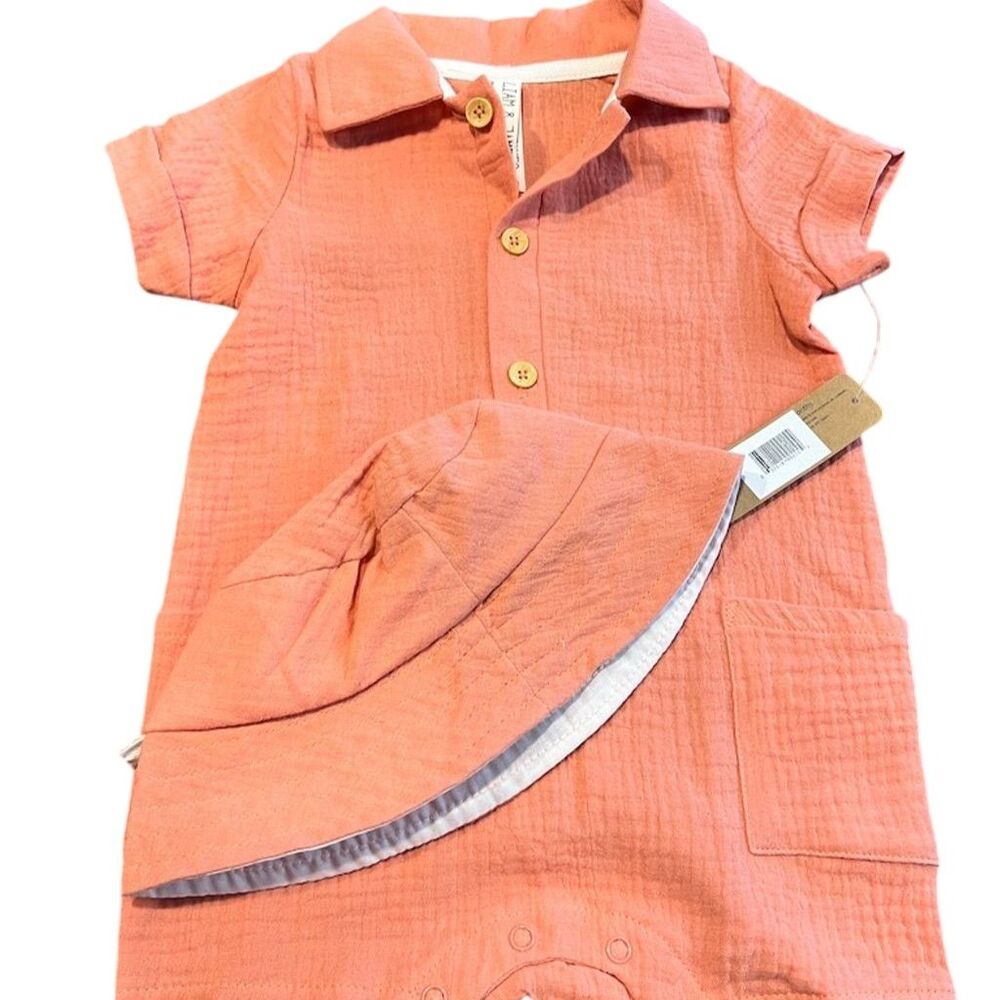 NWT Liam & James Baby Girl 2-Piece Romper & Sun Hat Set Size 12M Peach/Brown